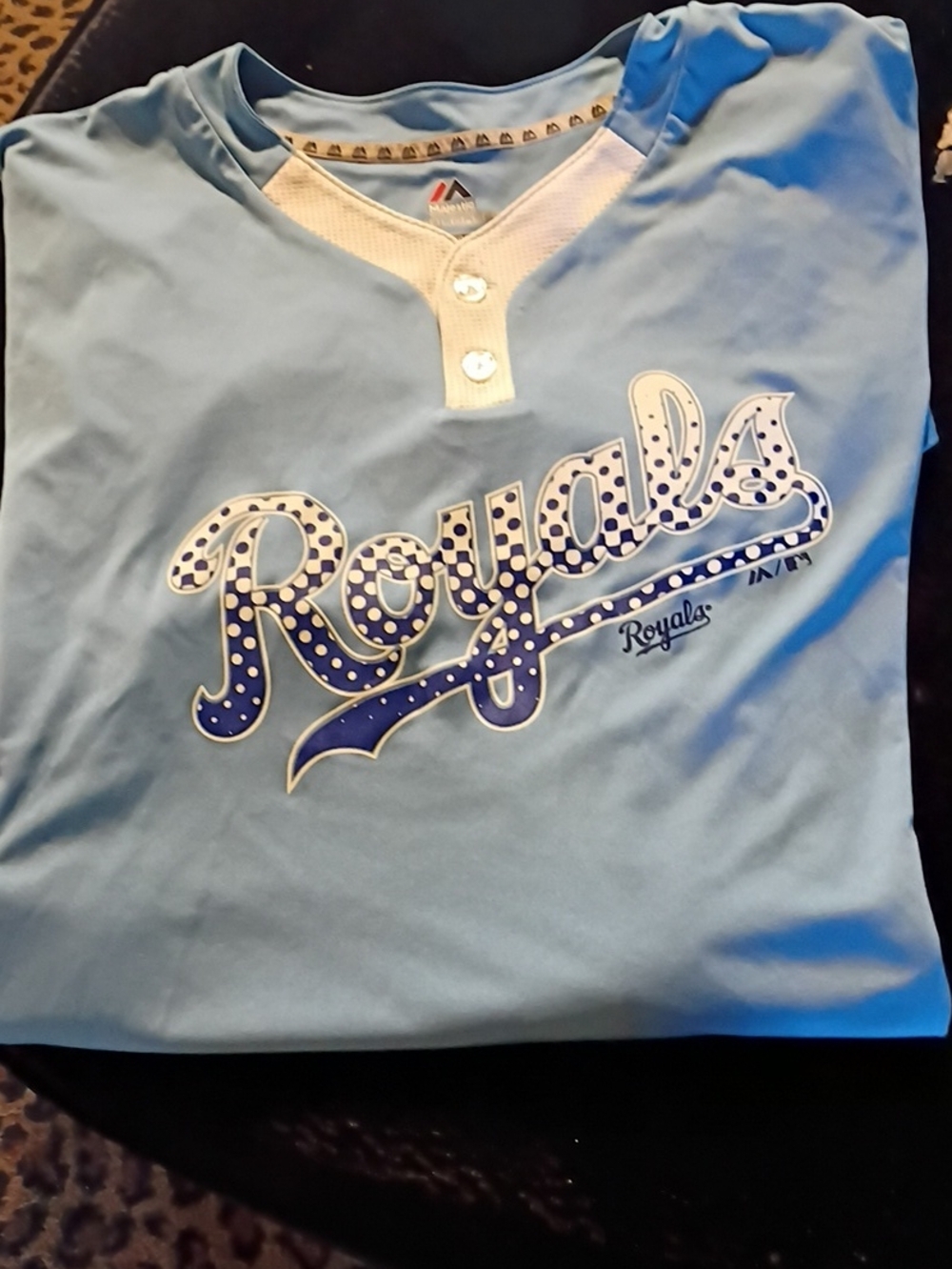 Majestic Royals Light Blue and White Henley Jersey